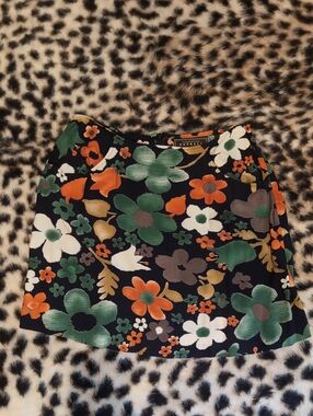 Express Vintage Floral A-Line Mini Skirt in Black with Green & Orange Flowers